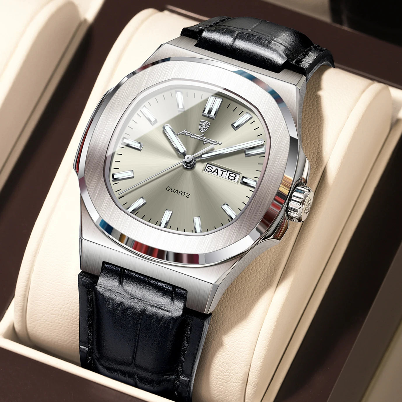 POEDAGAR Square Wristwatch For Men Luminous Waterproof Week Calendar Luxury Man Clock Leather Quartz Fashion Men's Watches Reloj Beauty World Shop