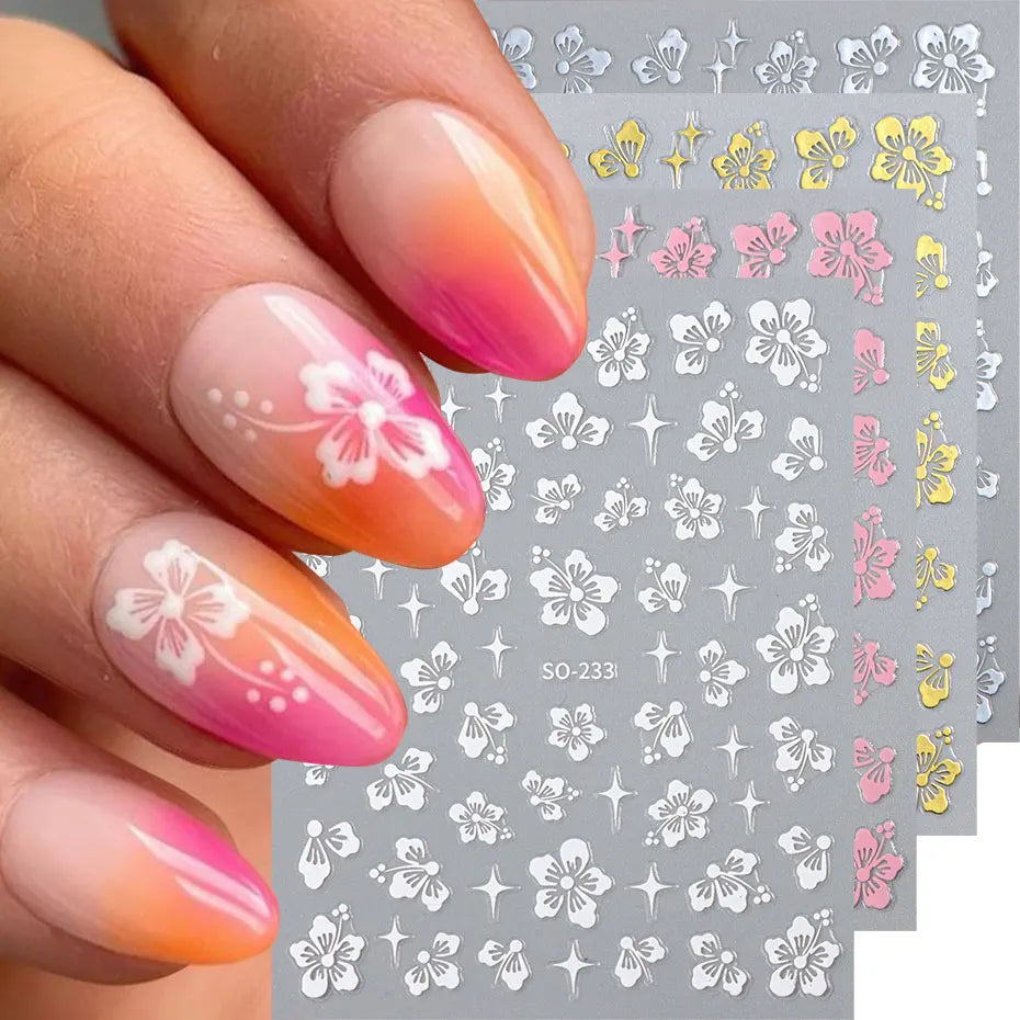 4pcs Hibiscus Flower Nail Art Sticker 3D White Pink Floral Decal Y2K Gold Silver Petal DIY Romantic Self-Adhesive Manicure Decor Beauty World Shop