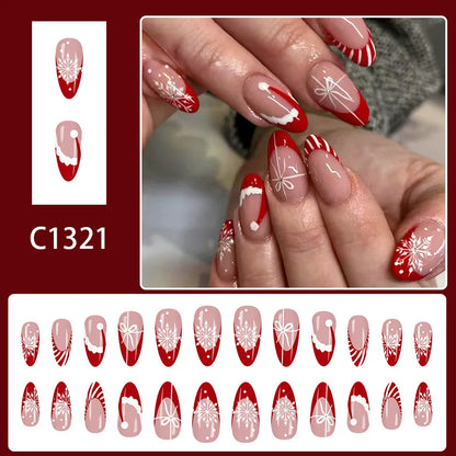 2025 Christmas Red Stripe French Glossy Medium Almond Press On Nails 24pcs with Glitter Snowflake Design Beauty World Shop