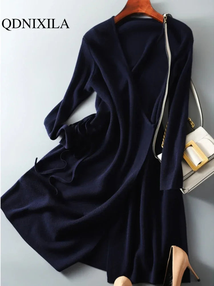 Autumn Winter Sweater Womens Dresses V-neck Wrap Up Dress for Women Woman Clothing Korean Version Loose Elegant Knitted Skirt Beauty World Shop