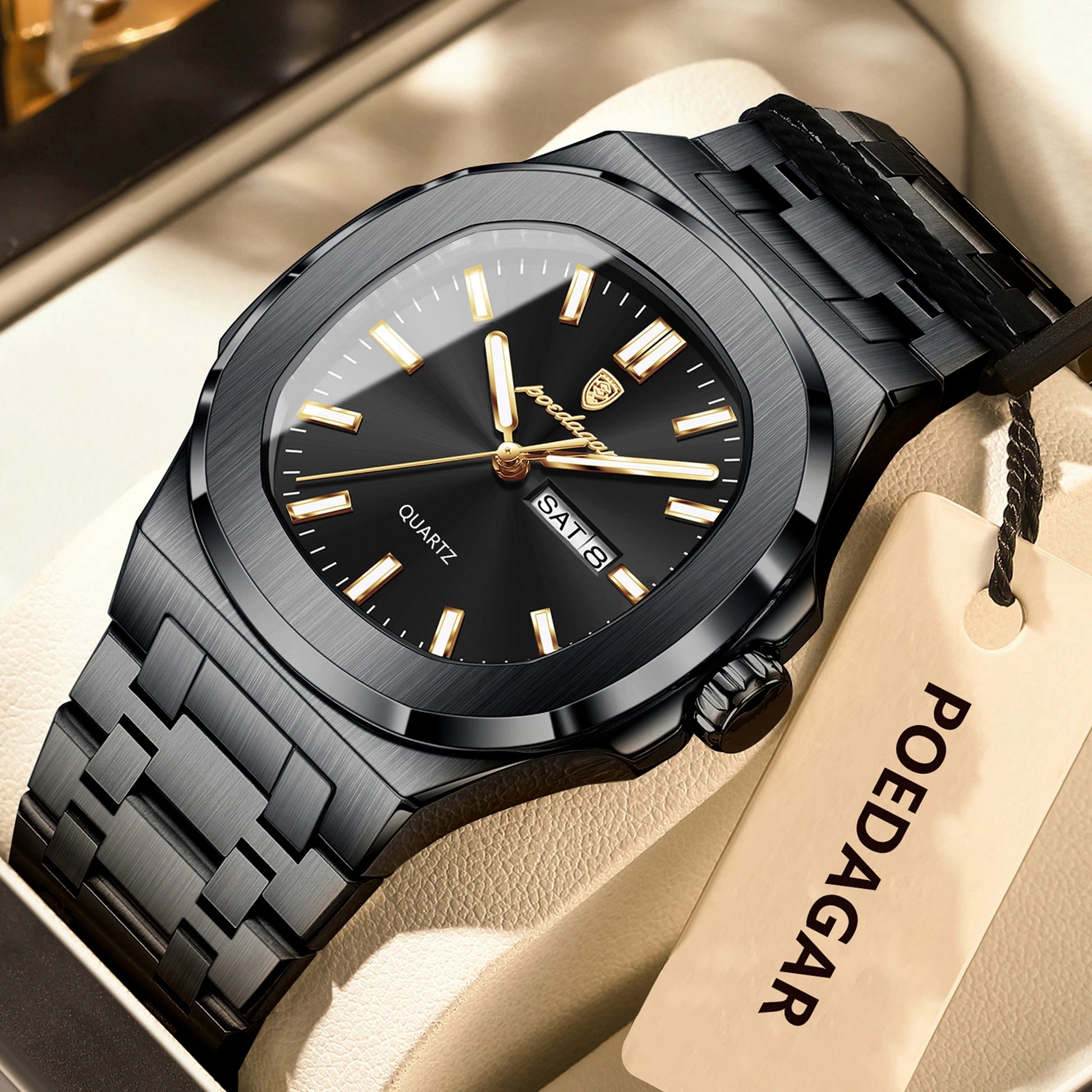 POEDAGAR Square Luxury Men's Wristwatch Luminous Waterproof Stainless Steel Male Clock Week Date Original Quartz Watches For Men Beauty World Shop