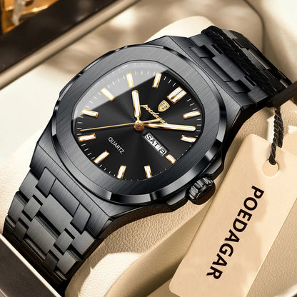 POEDAGAR Square Luxury Men's Wristwatch Luminous Waterproof Stainless Steel Male Clock Week Date Original Quartz Watches For Men Beauty World Shop