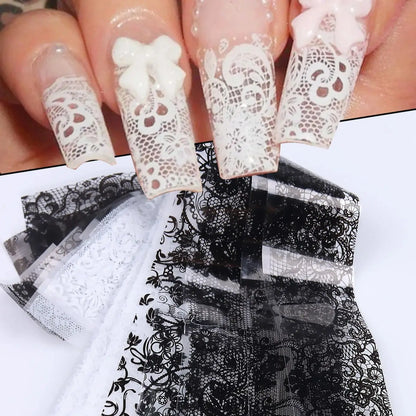 10 Sheets Lace Nail Foil White & Black Nail Stickers Design Transfer Foils Starry Sky Paper Nail Art Foil Decals for Nails Salon Beauty World Shop