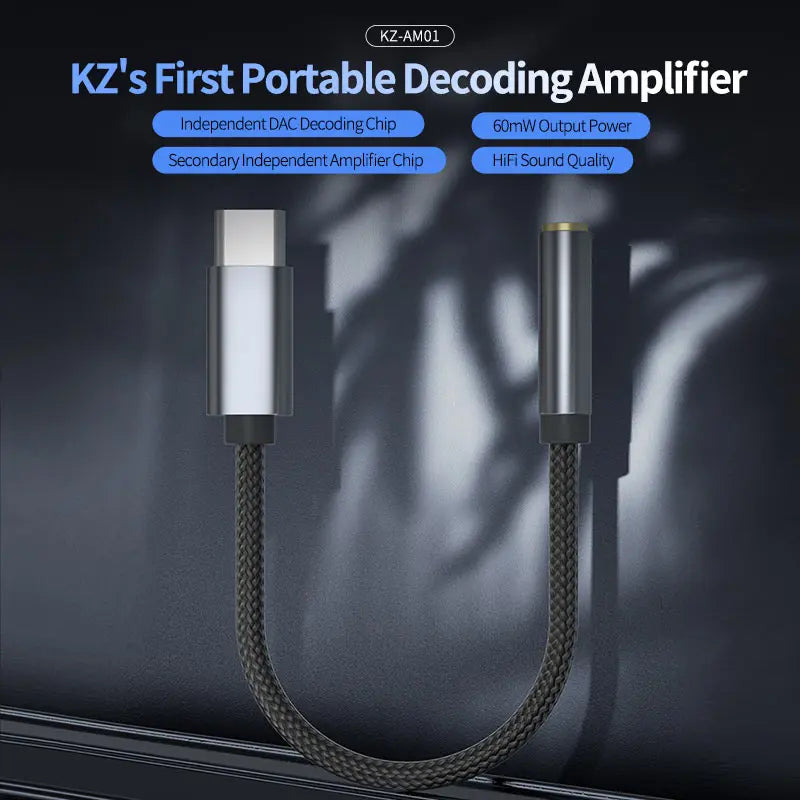 KZ AM01 Cable Type-C to 3.5mm Audio Adapter Line 32bit/384kHz Hi-Fi DAC + IC Amplifier Dual Chip Earphone Audio Cable