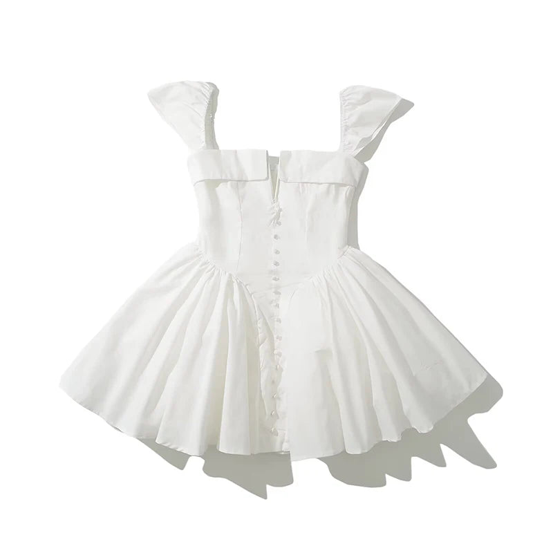 YENKYE Summer Women Sexy Fit And Flare White Mini Dresses Short Sleeve Low Waist Elegant Party Dress Ladies Bridesmaids Robe Beauty World Shop