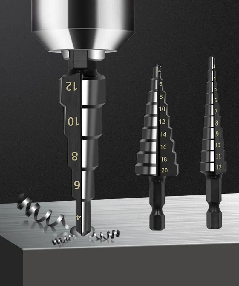 3Pcs HSS Straight Groove Step Drill Bit 3-12mm 4-12mm 4-20mm Nitride Black Hex Wood Metal Hole Cutter Core Drilling Tools Set Beauty World Shop