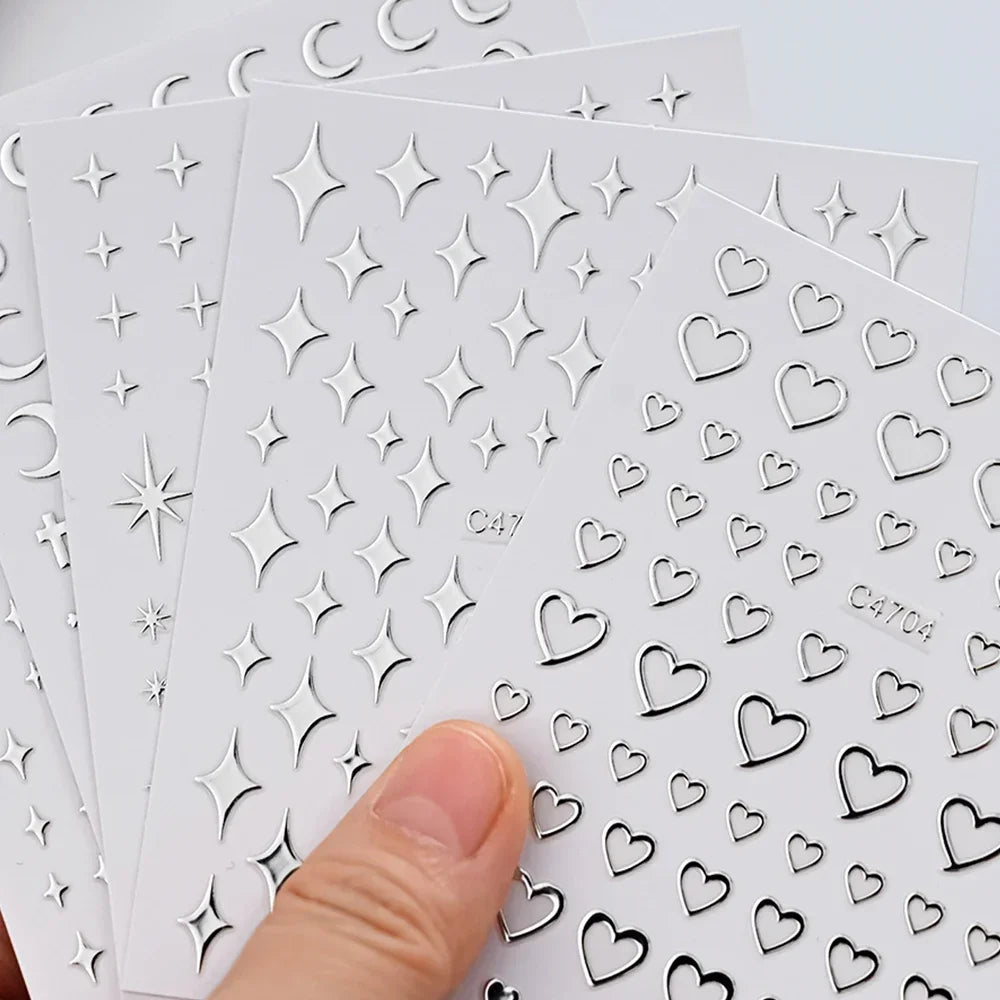 6 Sheets Metal Silver Nail Stickers Metallic 3D Star Nail Art Stickers Decals Self-Adhesive Nail Art Stickers Metal Chain Heart Beauty World Shop