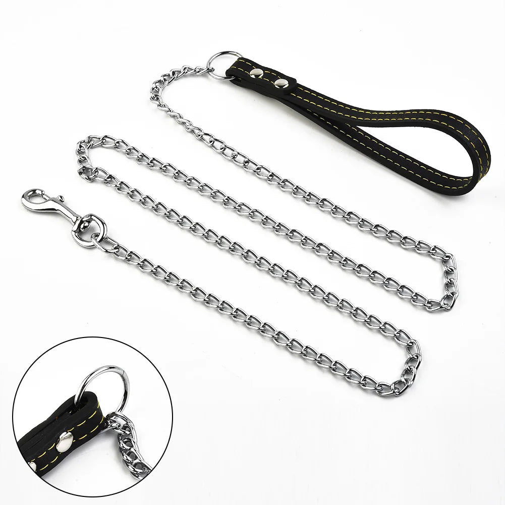 Metal Chain Dog Lead With Leather Style Handle Strong Control Leash Iron Dog Pets Supplies Collars Harnesses Beauty World Shop