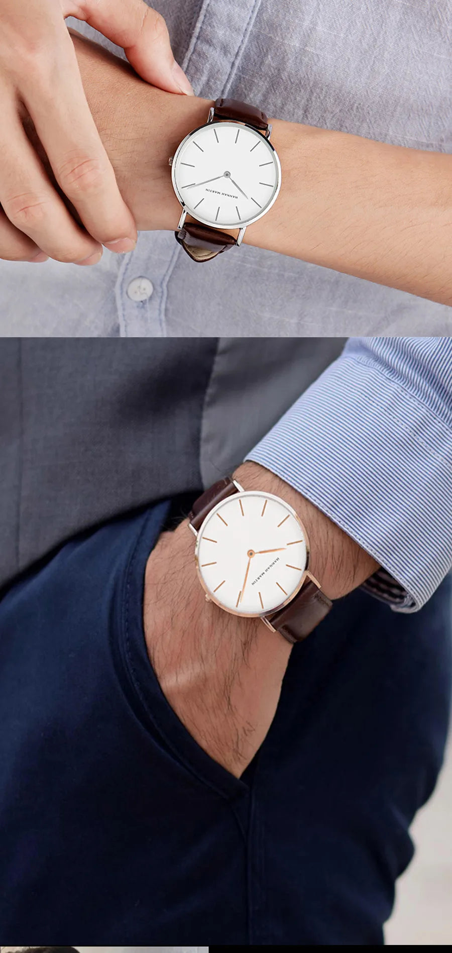 Hannah Martin Brand Fashion  Japan Quartz Wrist Watches Silver Brown Leather Men Watch Waterproof Dress Watch Men Casual Beauty World Shop