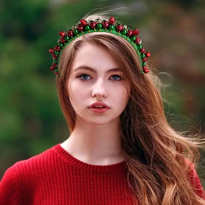 Festive Christmas Headband with Red & Green Beads, Golden Accents & Bell Charms - Hand-Wrapped Polyester Party Accessor Beauty World Shop