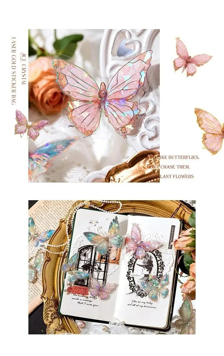 5Style 20pcs/pack INS Butterfly PET Sticker Pack Ice Crystal Laser Gold DIY Handbook Decoration 3D Scrapbook Beauty World Shop