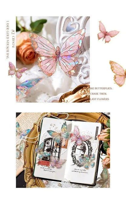 5Style 20pcs/pack INS Butterfly PET Sticker Pack Ice Crystal Laser Gold DIY Handbook Decoration 3D Scrapbook Beauty World Shop