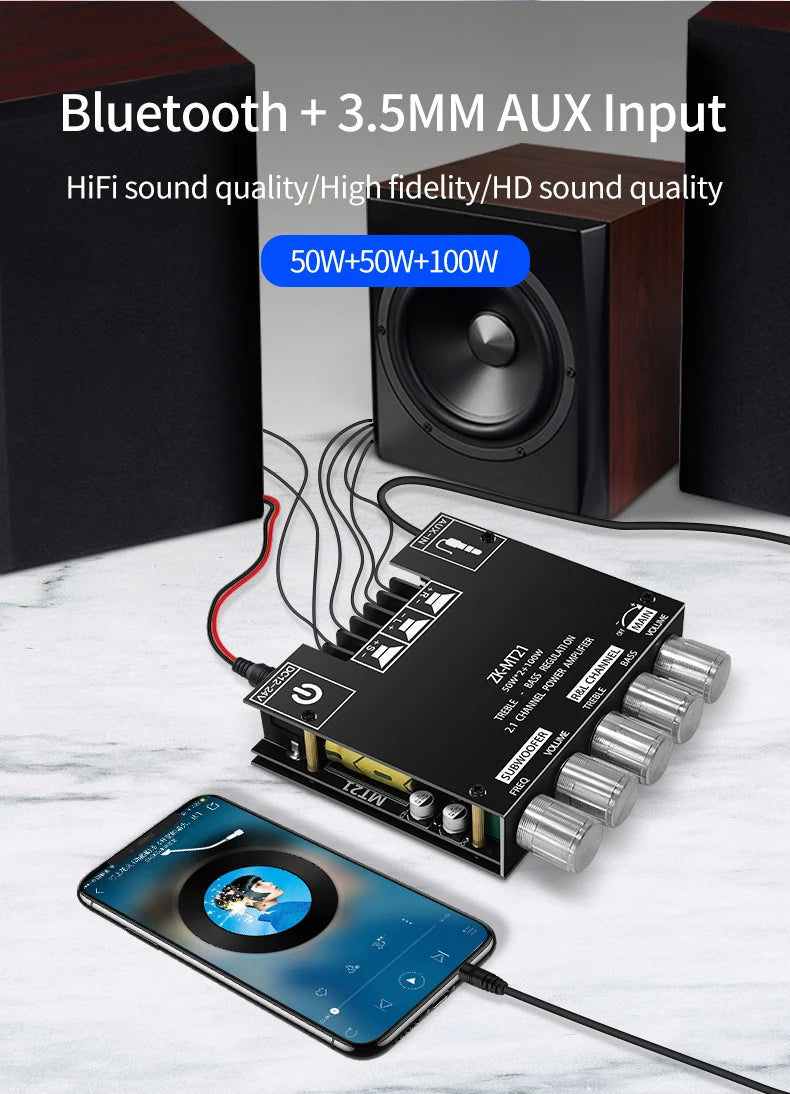 ZK-MT21 Sound Amplifier Module 2x50W+100W 2.1 Channel Subwoofer Bluetooth 5.0 Digital Power Amplifier Board AUX 12V/24V Stereo Beauty World Shop