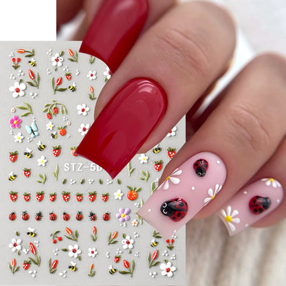 5D Embossed Kawaii Ladybug Sliders Spring White Daisy Flowers Nail Stickers DIY Simple Petals Wedding Nails Decals Accesories Beauty World Shop