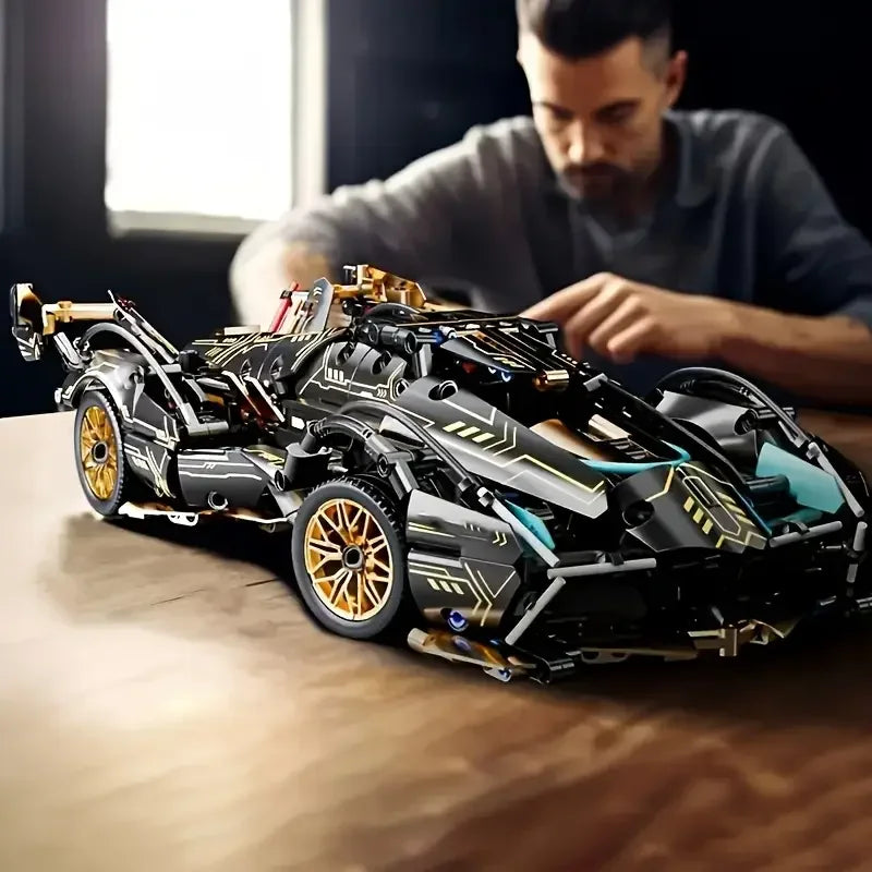 2026 Hot Building Block Racing Car V12 Building Block Car Black and Gold Accessories Fine Desktop Wooden Model Car Birthday Gift Beauty World Shop