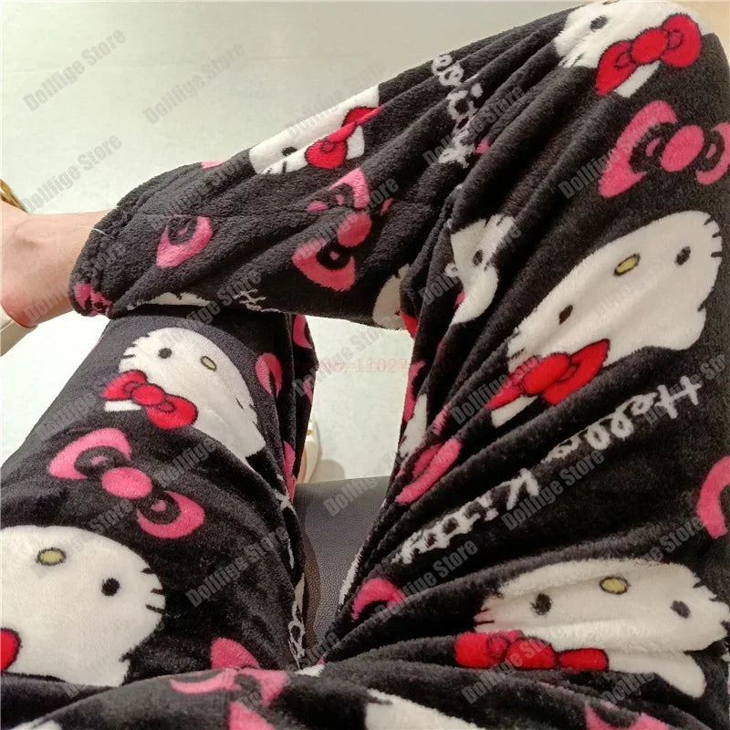 2024 Sanrio Hello Kitty Pajamas Halloween Flannel Fashion Trouserswomen Kawaii Woolen Anime Cartoon Casual Home Pants Autumn Beauty Fashion