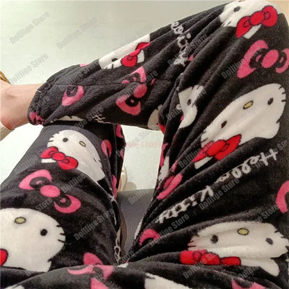 2024 Sanrio Hello Kitty Pajamas Halloween Flannel Fashion Trouserswomen Kawaii Woolen Anime Cartoon Casual Home Pants Autumn Beauty Fashion