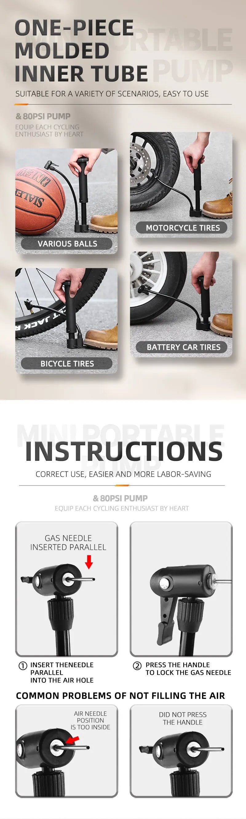 WEST BIKING 80 PSI MTB Bicycle Pump Bike Manual Air Pump Balloon Tire Inflator Schrader Valve Floor Pump Cycling Accesories