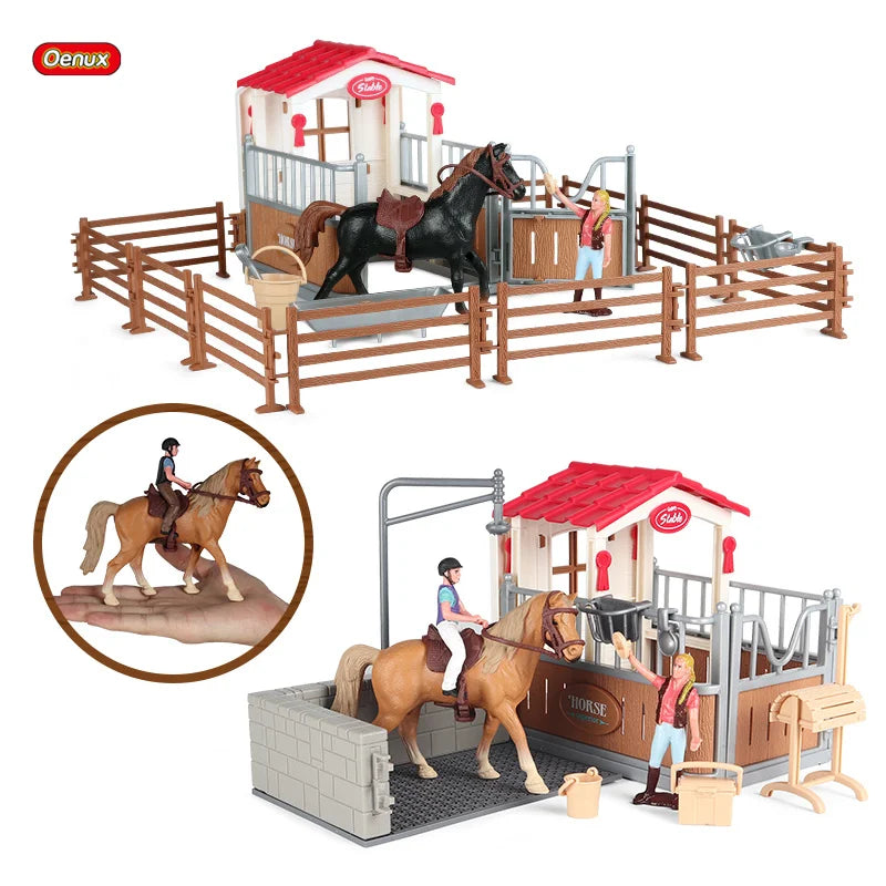 Oenux Farm Stable House Model Action Figures Emulational Horseman Horse Animals Playset Figurine Cute Educational Kids Toy Gift Beauty World Shop