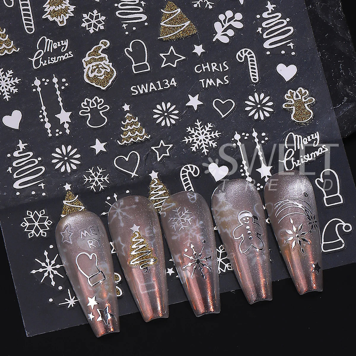 2pcs Gold Silver Christmas 3D Nail Stickers Reflective Glitter Xmas Tree Gingerbread Snowflakes Adhesive Decals Winter Manicure Beauty World Shop