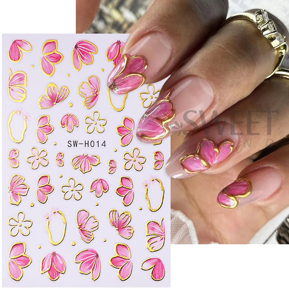 2/3pcs Golden Pink Hibiscus Flower Nail Stickers 3D Bronzing Border Petals Sakura Line Sliders Nail Decals DIY Manicure Decor Beauty World Shop