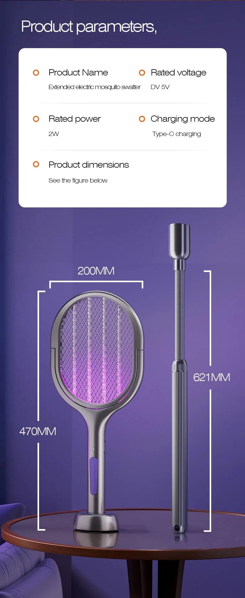 Telescopic Electric Mosquito Swatter & UV Trap Lamp, Extendable 109cm, Safe Physical Killer, Rechargeable, Wall Mount No Gap Beauty World Shop