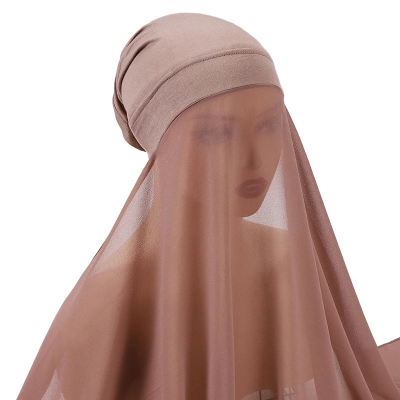 Muslim Women Bonnet + Chiffon Shawl Instant Under scarf Cap Islam Inner Scarf Headband Stretch Hijab Cover Headwrap Turbante Beauty World Shop