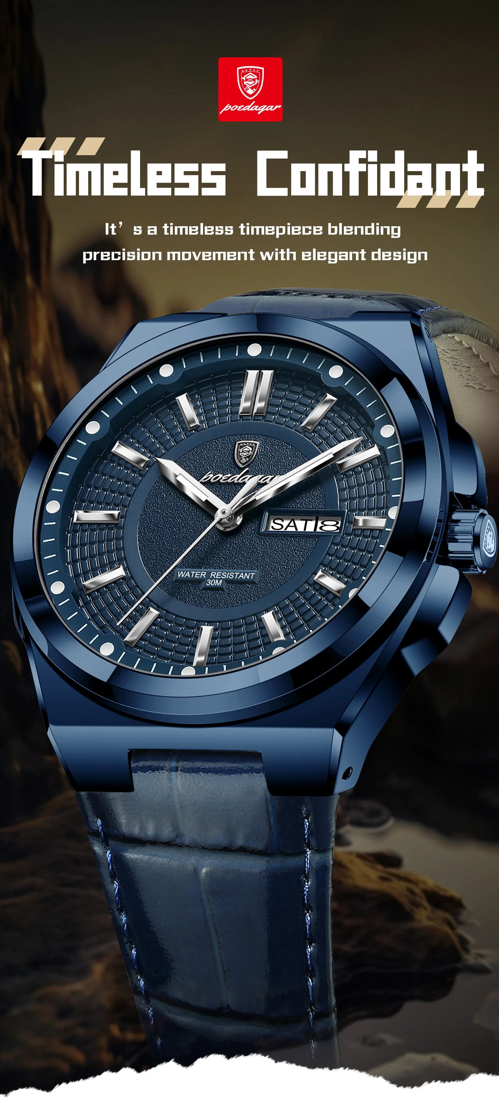 POEDAGAR Fashion Brand Man Wristwatch Waterproof Luminous Date Week Quartz Luxury Men's Watches Leather Business Men Watch Reloj Beauty World Shop