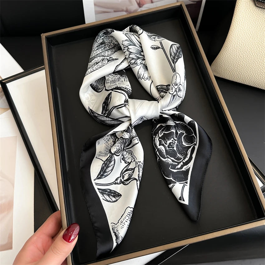 Luxury 2024 Silk Print Hair Scarf Women Floral Kerchief Neck Tie Hand Wrist Foulard Shawl Wraps Head Hijab Bandana Echarpe Beauty World Shop