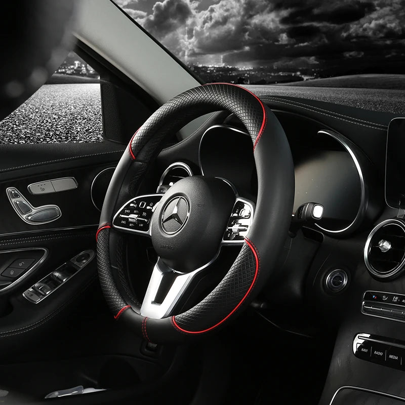 All Seasons Leather Diamond Steering Wheel Cover Universal Fit for 14 .5-15 Inch Durable Leather Cover Anti-Slip Veins Design Beauty World Shop
