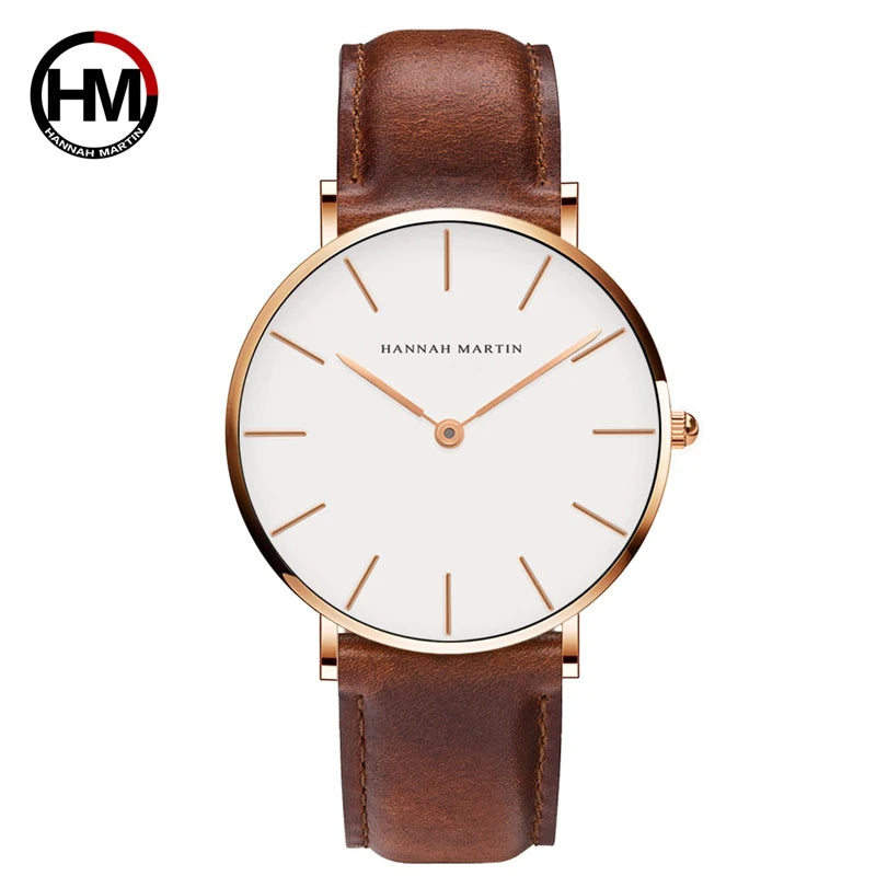 Hannah Martin Brand Fashion  Japan Quartz Wrist Watches Silver Brown Leather Men Watch Waterproof Dress Watch Men Casual Beauty World Shop