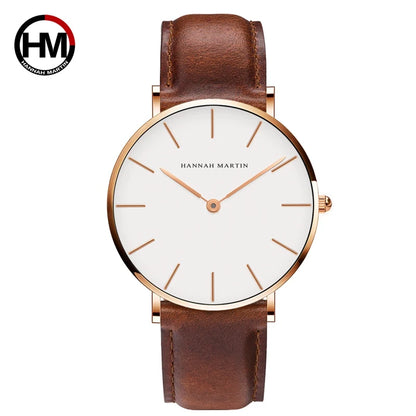 Hannah Martin Brand Fashion  Japan Quartz Wrist Watches Silver Brown Leather Men Watch Waterproof Dress Watch Men Casual Beauty World Shop