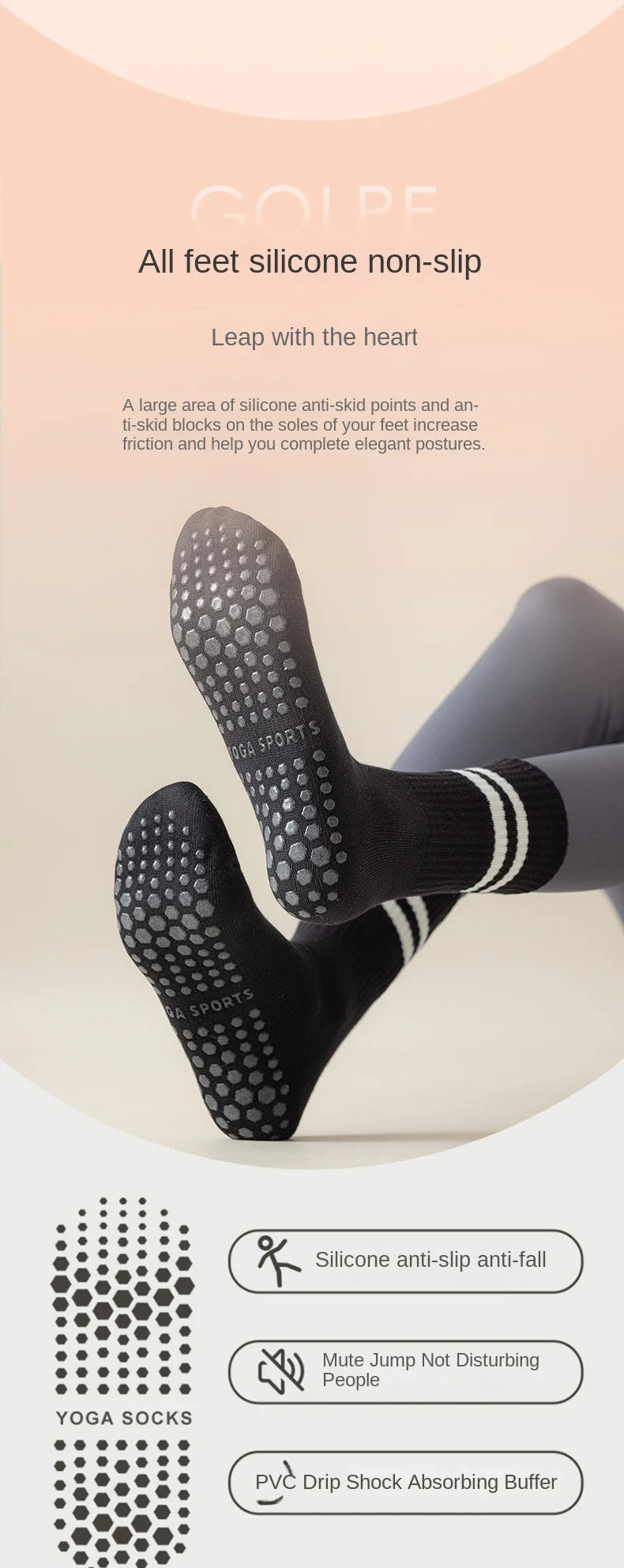 1 pair of women's yoga socks, skipping rope sports socks, Pilates indoor anti slip floor socks, double bar mid leg socks Beauty World Shop