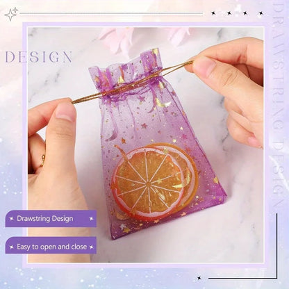 50PCS Moon Stars Drawstring Organza Bags Jewelry Gift Bags Pouches Gold Star Organza Favor Pouches for Christmas Wedding Beauty World Shop