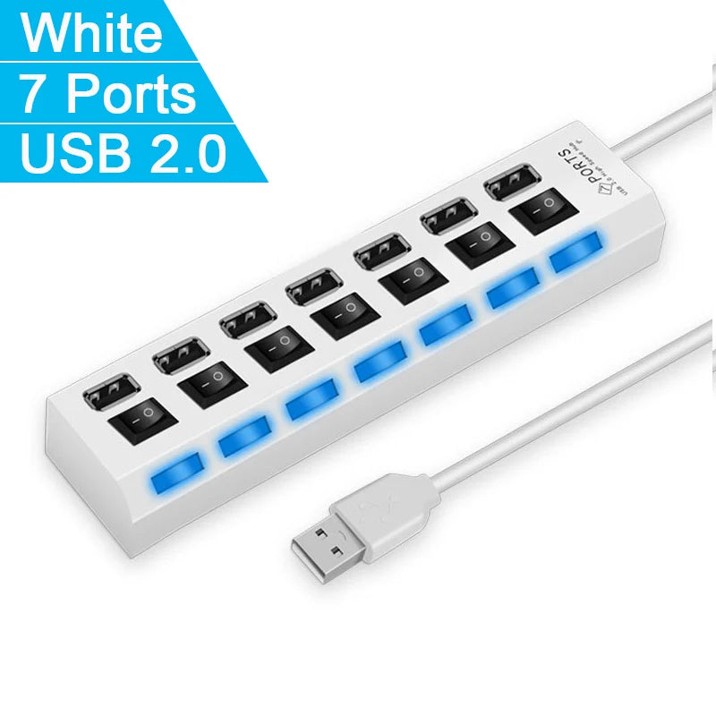 High Speed 4/7 Ports USB HUB 2.0 Adapter Expander Multi USB Splitter Multiple Extender with LED Lamp Switch for PC Laptop Beauty World Shop