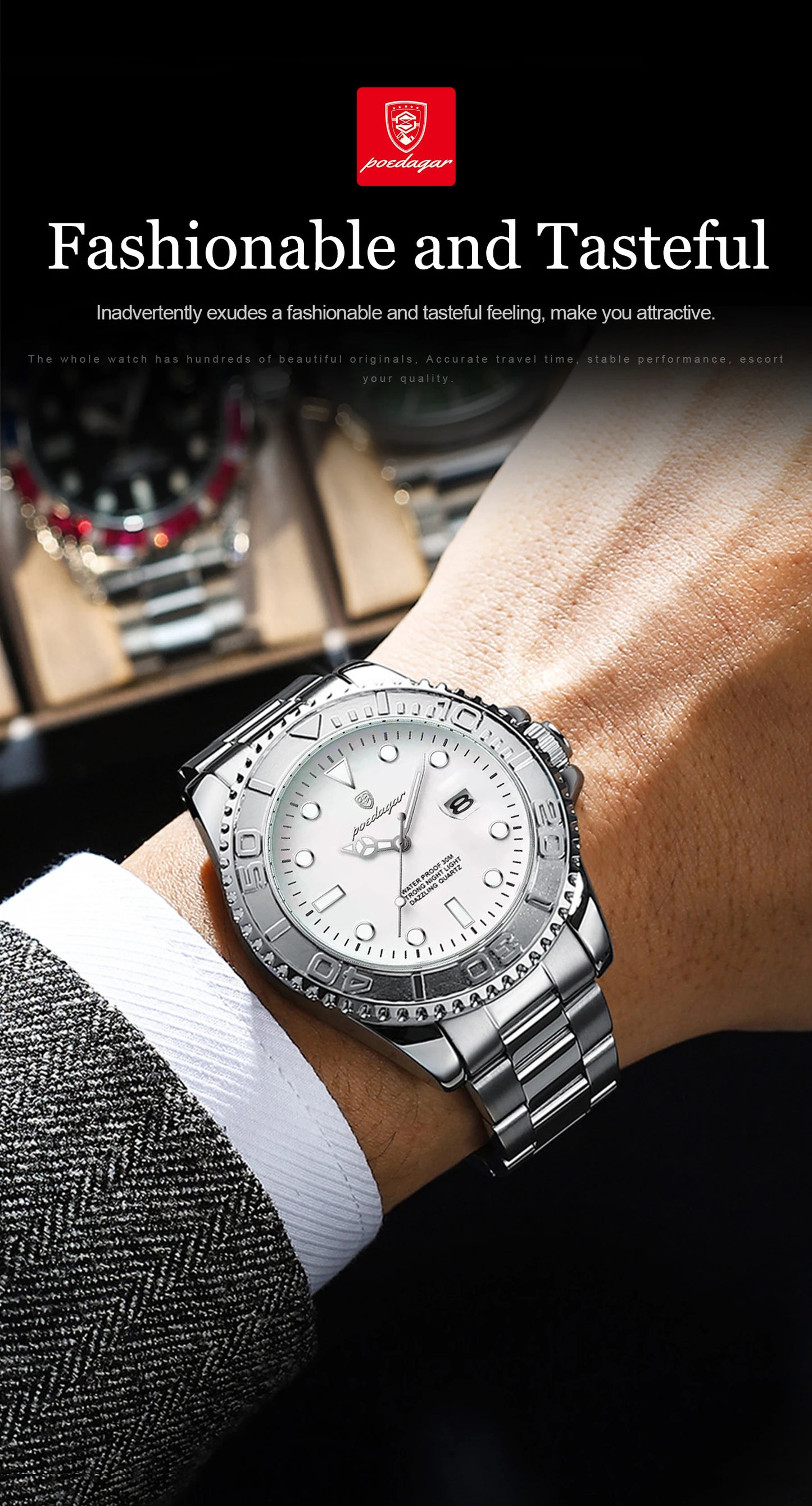 POEDAGAR Casual Fashion Man Wristwatch Waterproof Luminous Date Exquisite Men Watch Stainless Steel Classic Men's Quartz Watches Beauty World Shop