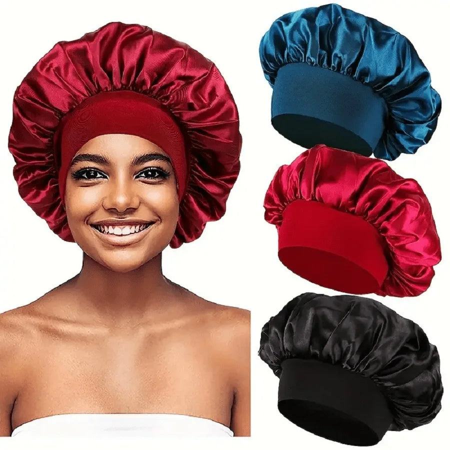 1PC Women's Satin Solid Bonnets Wide-brimmed Night Sleeping Bathing Hat Unisex Head Wrap Elastic Band Cap Hair Care Bonnet. Beauty World Shop