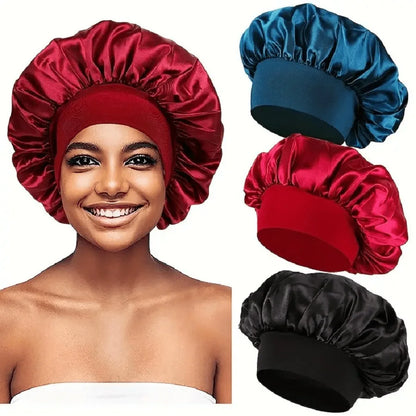 1PC Women's Satin Solid Bonnets Wide-brimmed Night Sleeping Bathing Hat Unisex Head Wrap Elastic Band Cap Hair Care Bonnet. Beauty World Shop