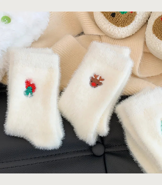 Autumn And Winter Socks, White Mink Fur Christmas Socks, Snowman Santa Claus Christmas Tree Elements, Thickened Warm Socks Beauty World Shop