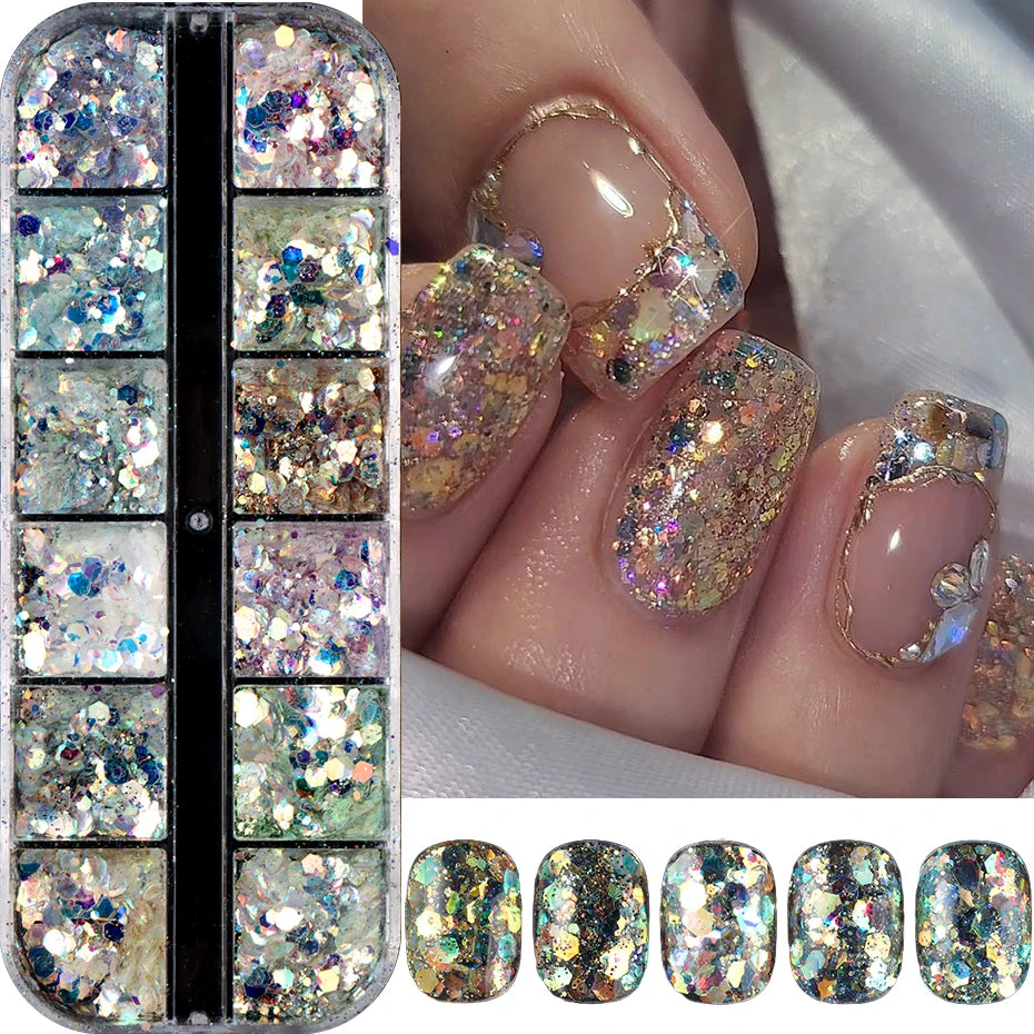 12 Grids Shimmery Mermaid Hexagon Nail Art Glitter Sequins Holographic Mirror Nail Powder Flakes Nail Charms Decoration Manicure Beauty World Shop