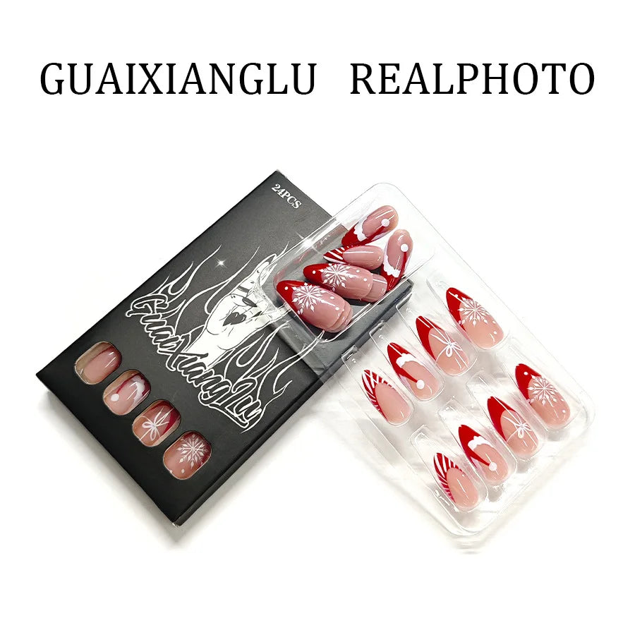 2025 Christmas Red Stripe French Glossy Medium Almond Press On Nails 24pcs with Glitter Snowflake Design Beauty World Shop