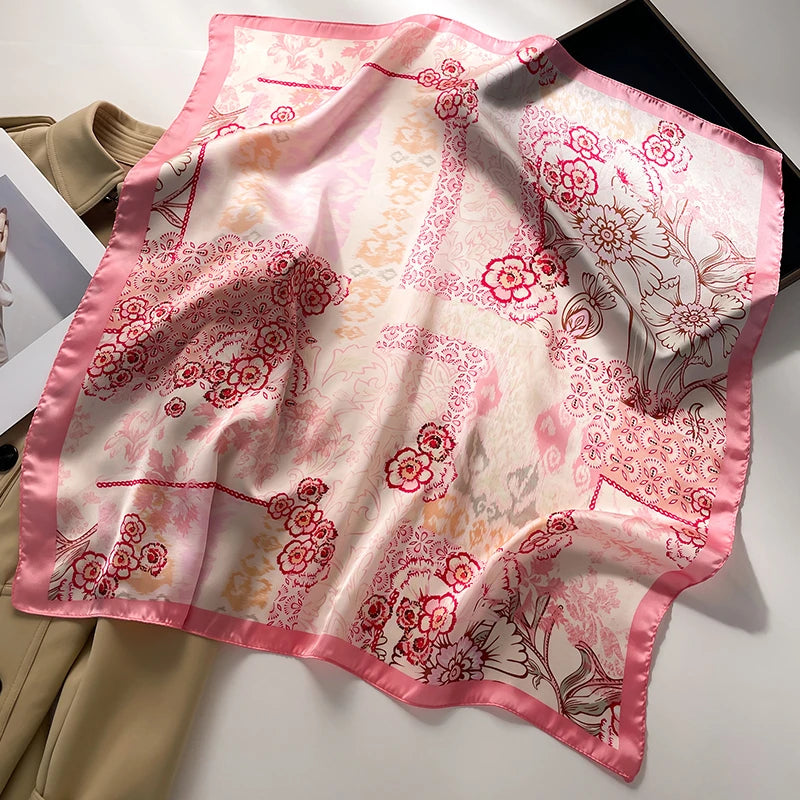 Luxury 2024 Silk Print Hair Scarf Women Floral Kerchief Neck Tie Hand Wrist Foulard Shawl Wraps Head Hijab Bandana Echarpe Beauty World Shop