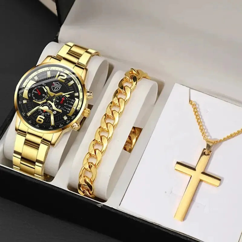 5PCS Set DEYROS Fashion Mens Calendar Watches Men Business Stainless Steel Quartz Wristwatch Male Casual Necklace Bracelet Watch Beauty World Shop