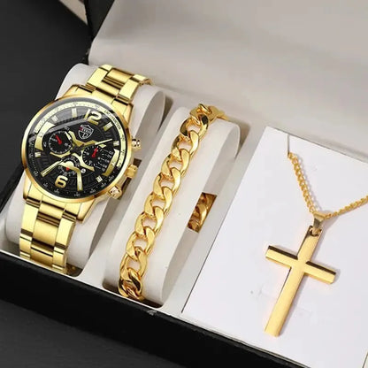 5PCS Set DEYROS Fashion Mens Calendar Watches Men Business Stainless Steel Quartz Wristwatch Male Casual Necklace Bracelet Watch Beauty World Shop