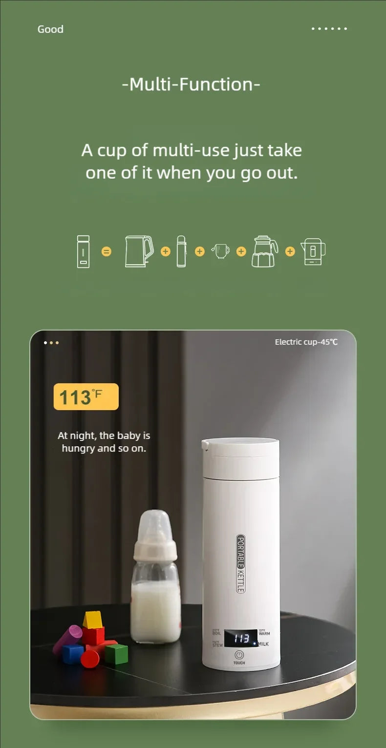 JFBONIN Electric Kettles Portable Tea Coffee Kettle Travel Boil Water Thermal Cup Anti-Scald Water Bottle English Menu Beauty World Shop