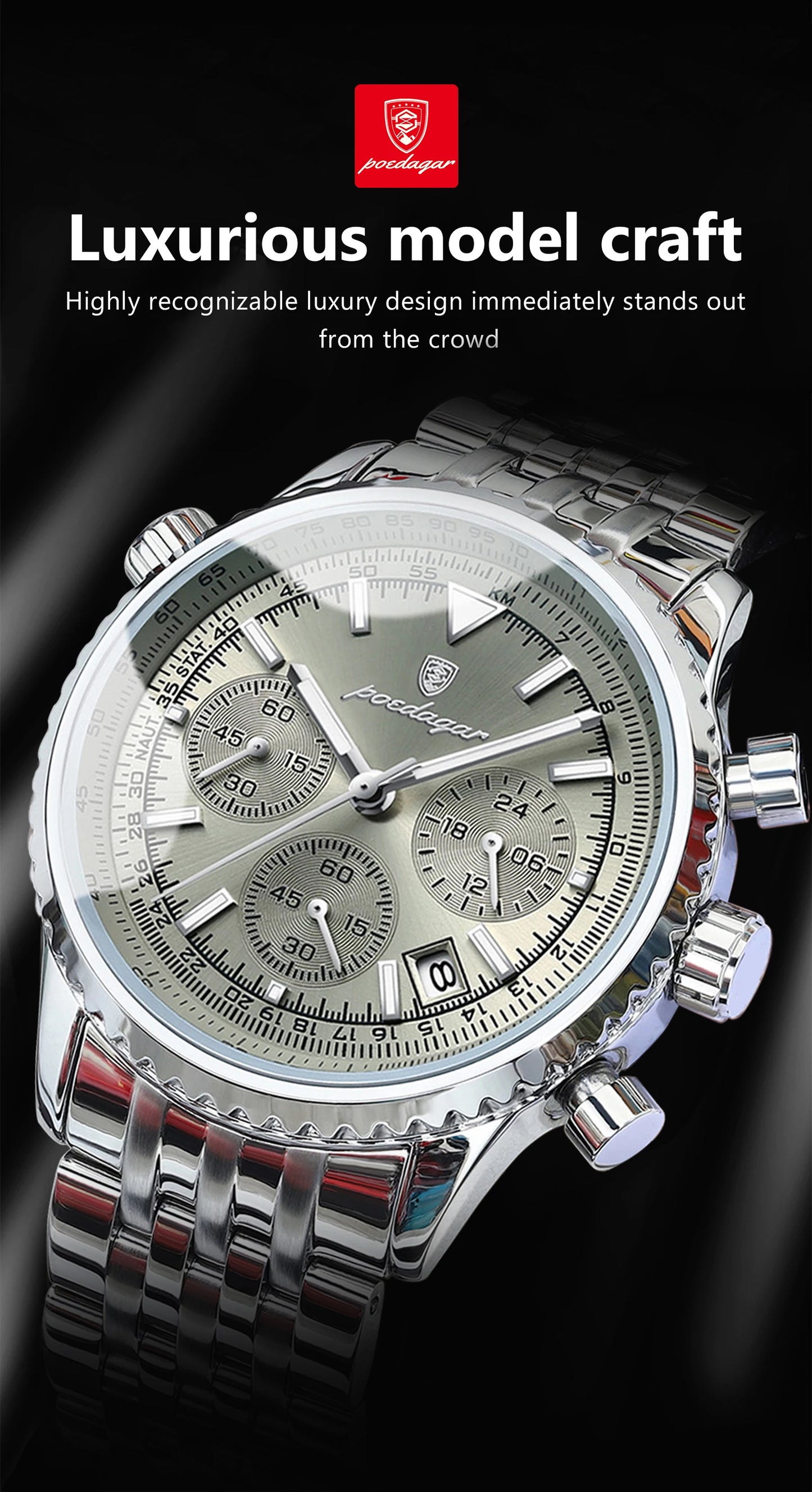 POEDAGAR Luxury Fashion Men Watch Stainless Steel Waterproof Luminous Quartz Male Clock Date Chronograph Military Men's Watches Beauty World Shop