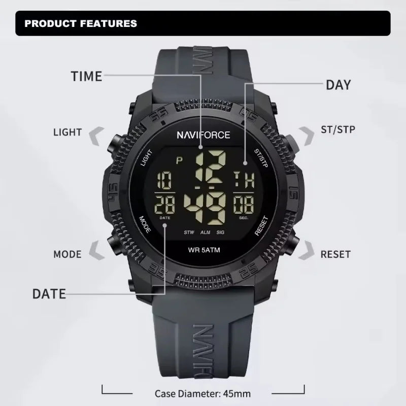 NAVIFORCE 7104 Sports Men's LCD Digital Leisure Date Week Alarm Clock Waterproof Silicone Strap Electronic Watch électronique Beauty World Shop