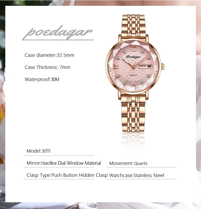 POEDAGAR Top Elegant Women's Watches Stainless Steel Date Week Woman Watch Waterproof Luminous Fashion Ladies Watch Quartz Reloj Beauty World Shop