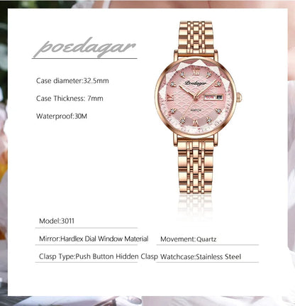 POEDAGAR Top Elegant Women's Watches Stainless Steel Date Week Woman Watch Waterproof Luminous Fashion Ladies Watch Quartz Reloj Beauty World Shop
