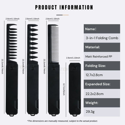 Professional 3 in 1 Pocket Folding Combs Wide Tooth Oil Head Comb Beard Combing Barber Hair Clipper Comb Salon Hair Styling Tool Beauty World Shop
